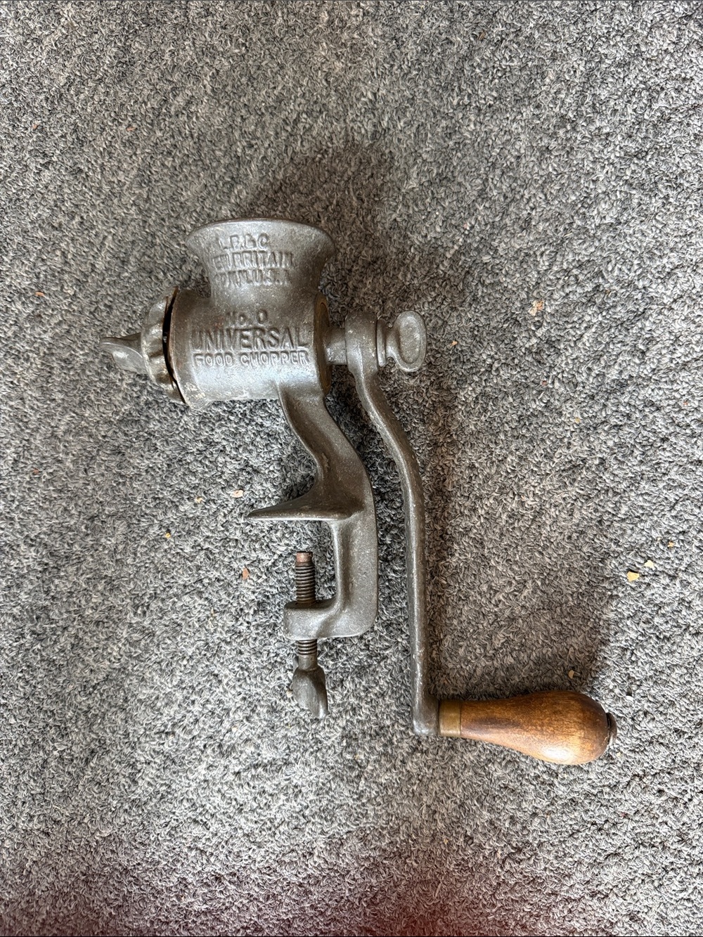 Vintage Universal Cast Metal Food Chopper in Gray with Wood Handle